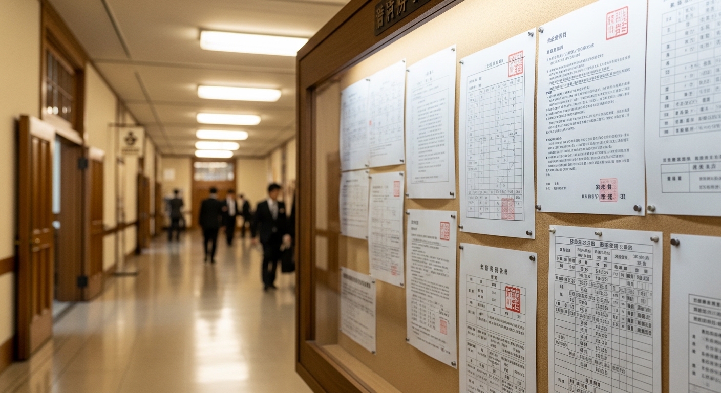 建物前で記録を取る調査員（所在調査のイメージ）