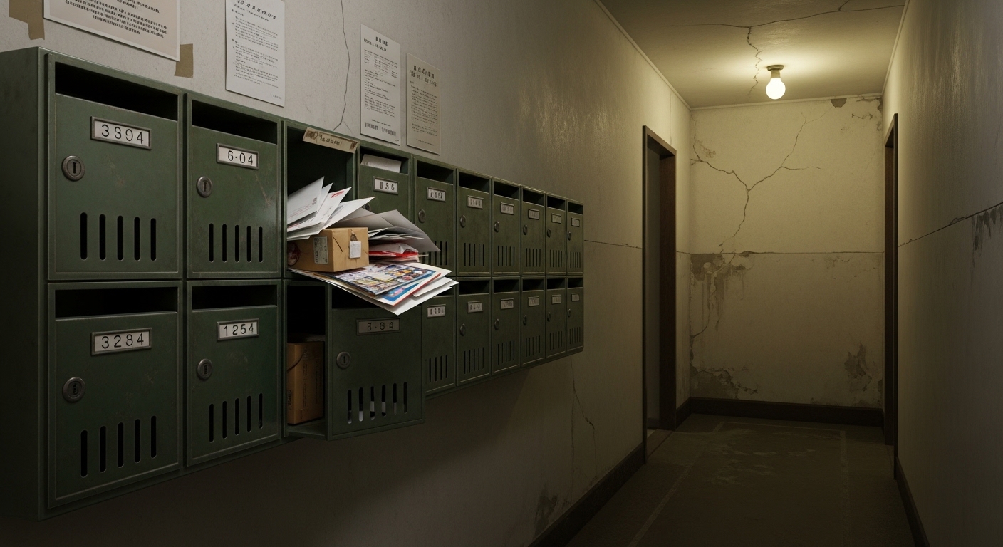 郵便物が溜まった集合住宅ポスト（居住実態調査のイメージ）