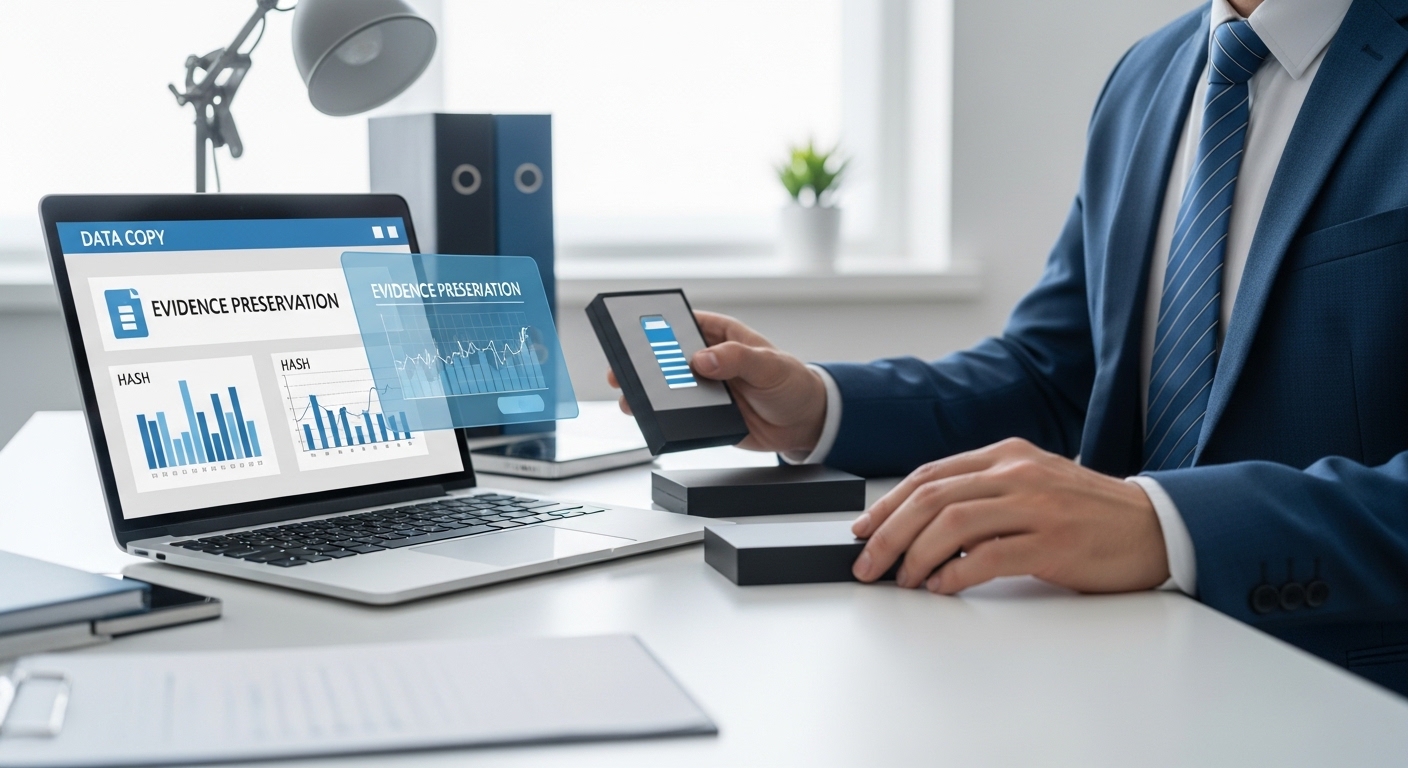 フォレンジック調査における証拠保全のためデータを安全に複製・解析している様子