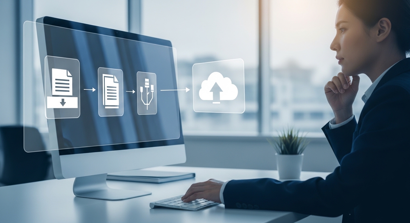 USB接続やクラウド転送履歴から情報持ち出しの痕跡を分析するフォレンジック調査のイメージ