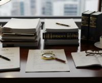 公示送達や所在調査に関する資料と証拠書類を整理する法律実務のイメージ